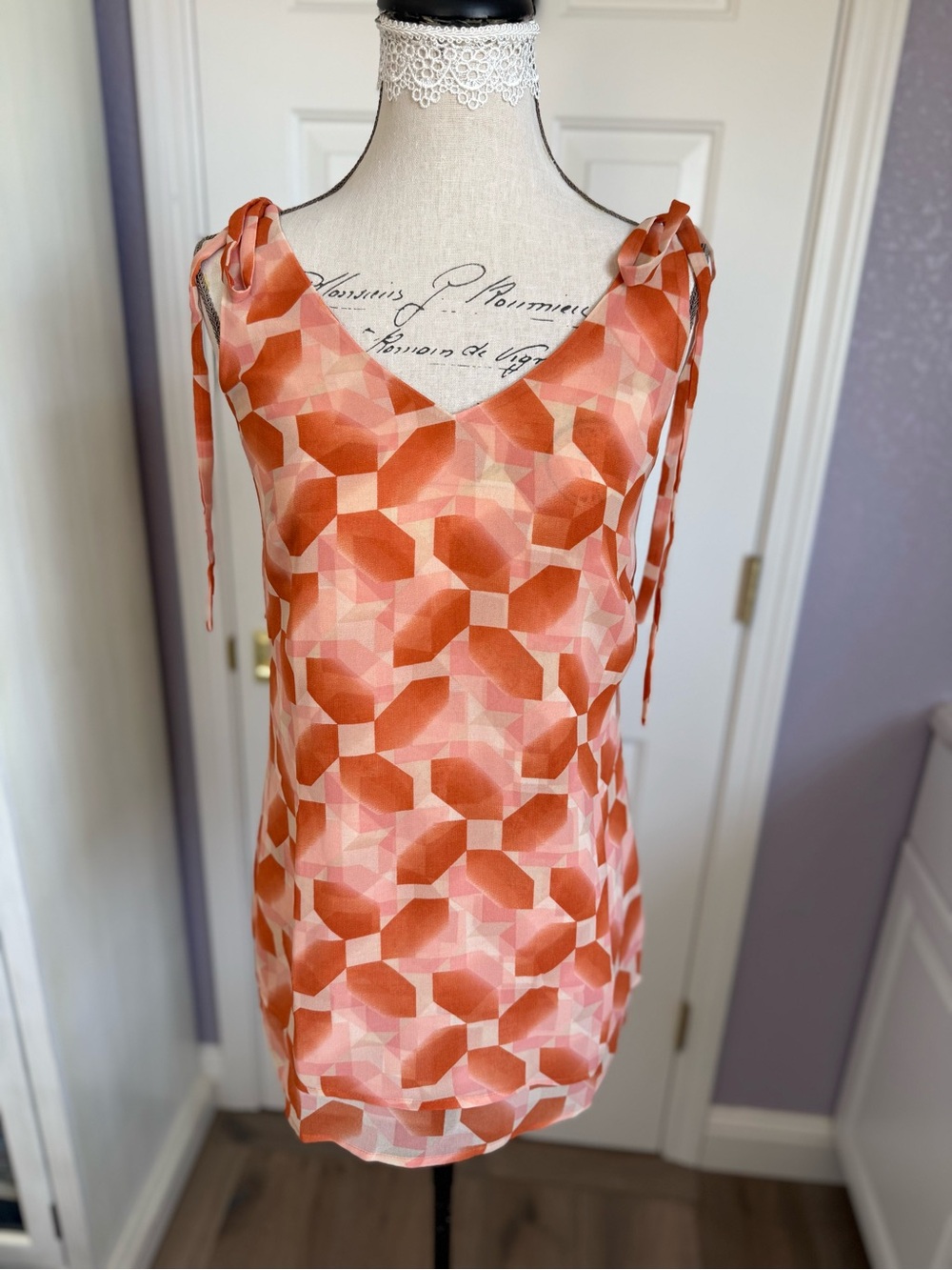 CAbi Orange and Pink Geometric V-Neck Dress